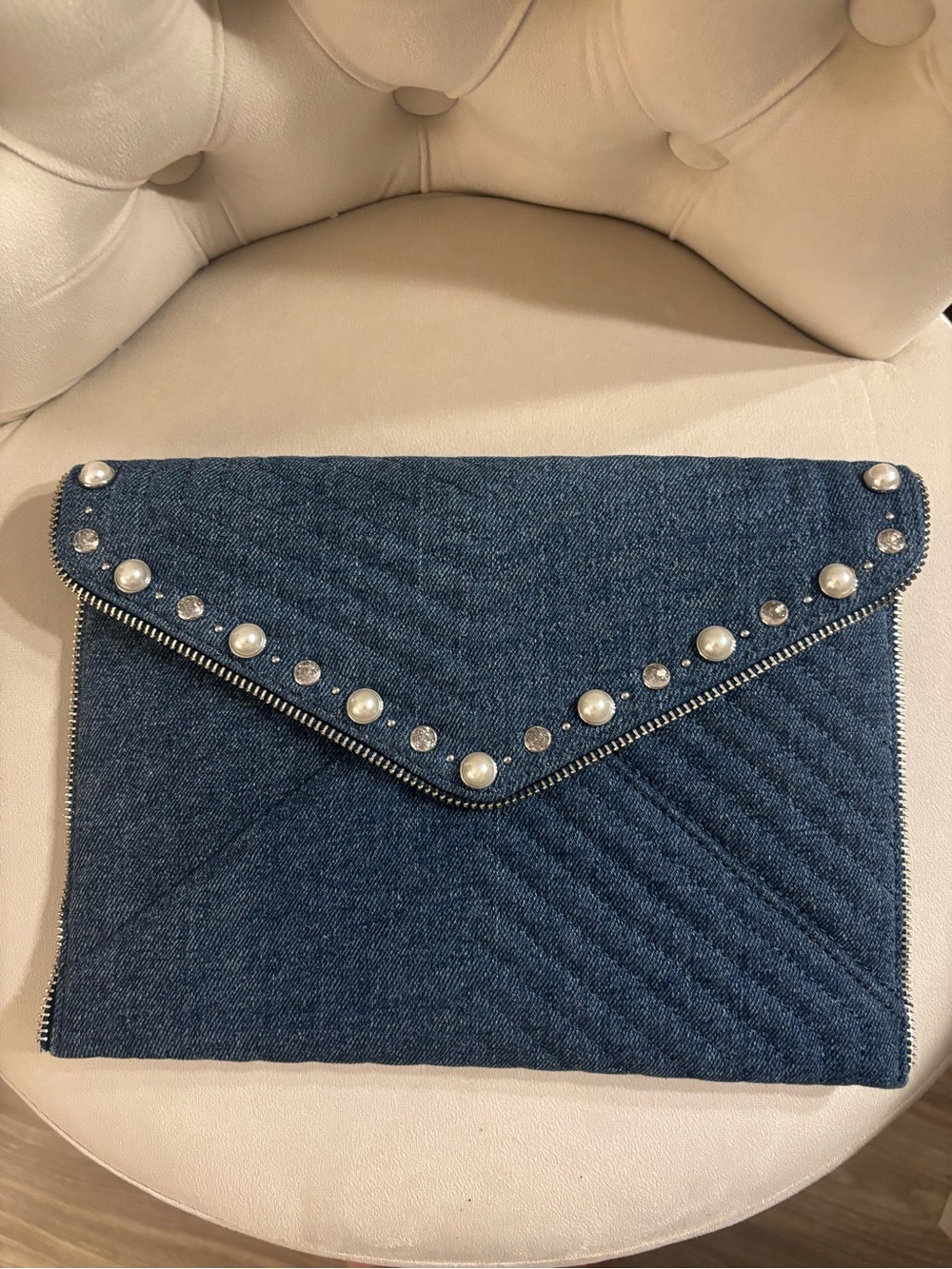 Rebecca Minkoff Denim Envelope Clutch with Pearl & Stud Trim
